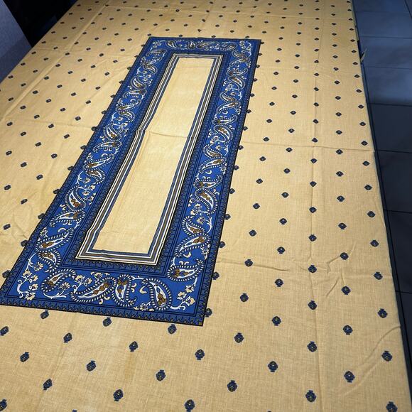 Vintage JCPenney Tablecloth Yellow Blue Block Print Rectangle French Country - Picture 2 of 12